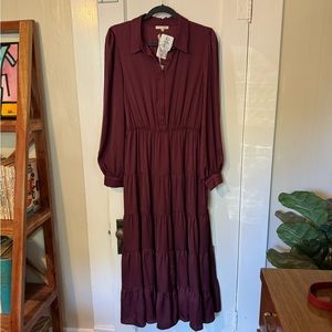 Tea N Rose New With Tags Maroon Ruffle Long Sleeve Satin Maxi Dress - Size Large